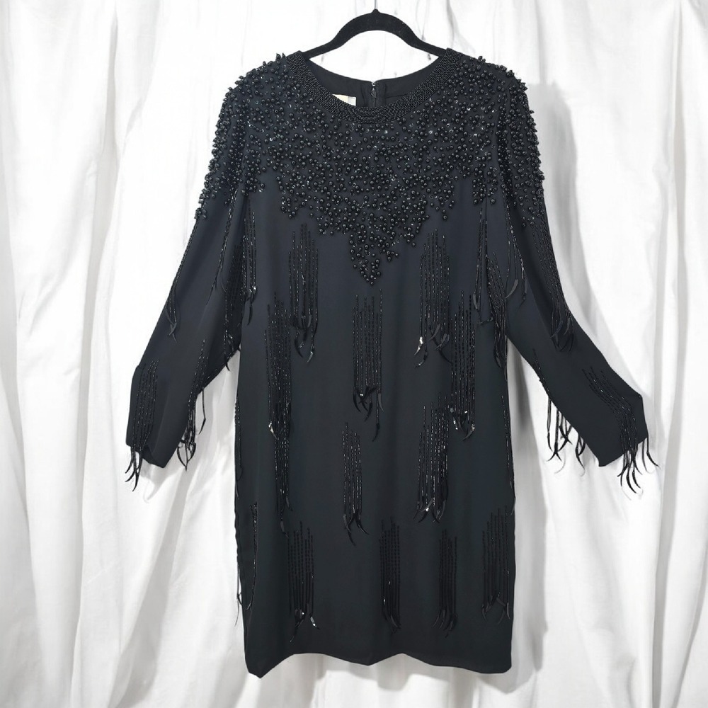 VTG Jack Bryan Beaded Fringe Dress Cocktail Party Black‎ Woman 14 Gatsby Retro